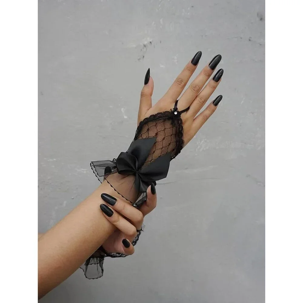 Women's Front Wrist Cuff Floral Lace Bow Wrist Black Mesh Bridal Prom Gloves